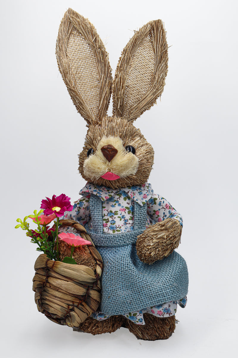 Coneja de Paja Vestido Celeste Canasta 35cm